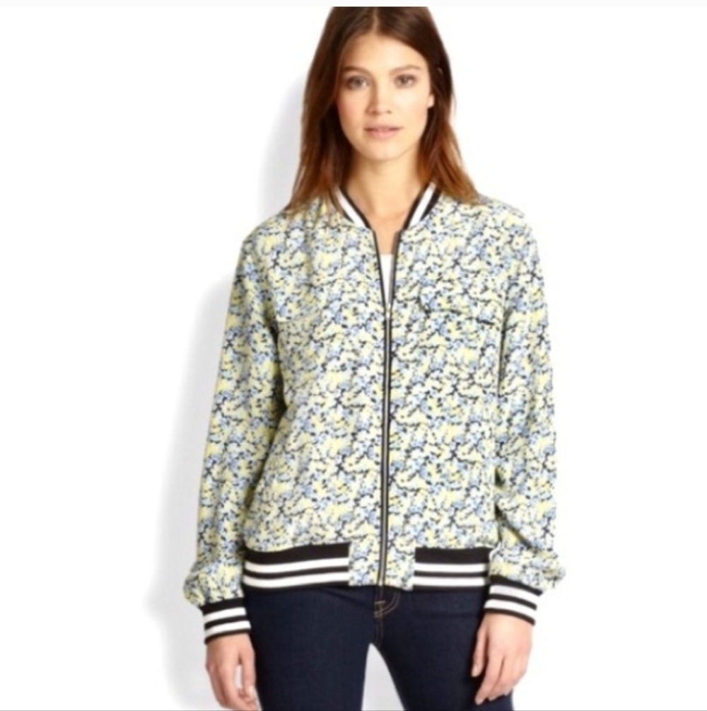 Equipment Abbott Bomber Jacket Coat Zip Up Pure Silk Floral Flowers Size XS - Picture 3 of 16